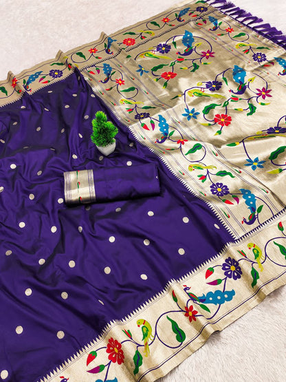Mameraa Sarees Violet Faux Banarasi Silk Saree With Paithani Rich Weaved Pallu And Blouse-Violet
