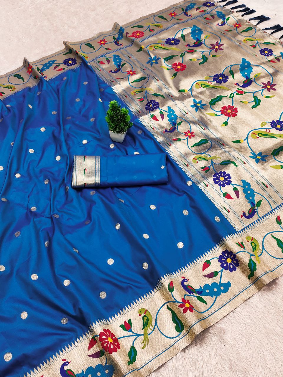 Mameraa Sarees Teal Blue Faux Banarasi Silk Saree With Paithani Rich Weaved Pallu And Blouse-Teal
