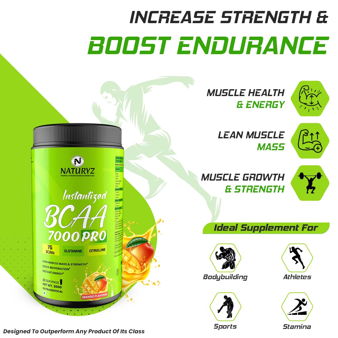 NATURYZ Instantized BCAA 7000 PRO |7G Vegan BCAAs | Glutamine | Citrulline | Electrolytes | 0 Added Sugar | Powerful Pre/Post & Intra Workout Amino for Lean Muscle Growth, Strength, Quick Re-Hydration & Instant Energy - 300g(Mango)