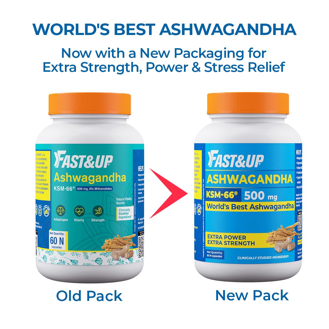 Fast&Up 500mg KSM-66Â® Ashwagandha â€“ World's Best Ashwagandha (60 Capsules) for Extra Strength & Power | Stress Relief | Natural Vitality Booster | Pure & Potent