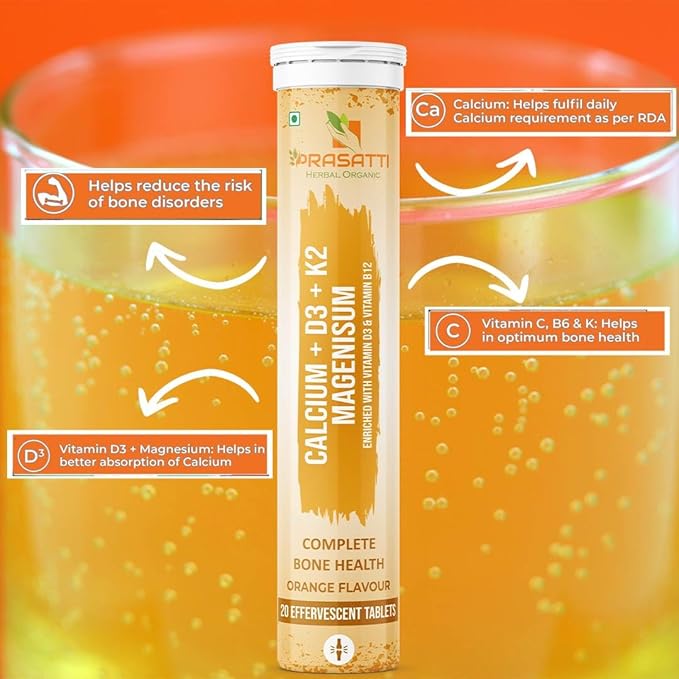 Prasatti Herbal Organic Calcium, Magnesium Orange Flavour - 20 Effervescent Tablets