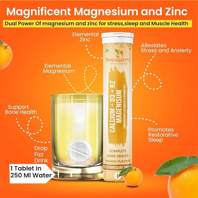 Prasatti Herbal Organic Calcium, Magnesium Orange Flavour - 20 Effervescent Tablets