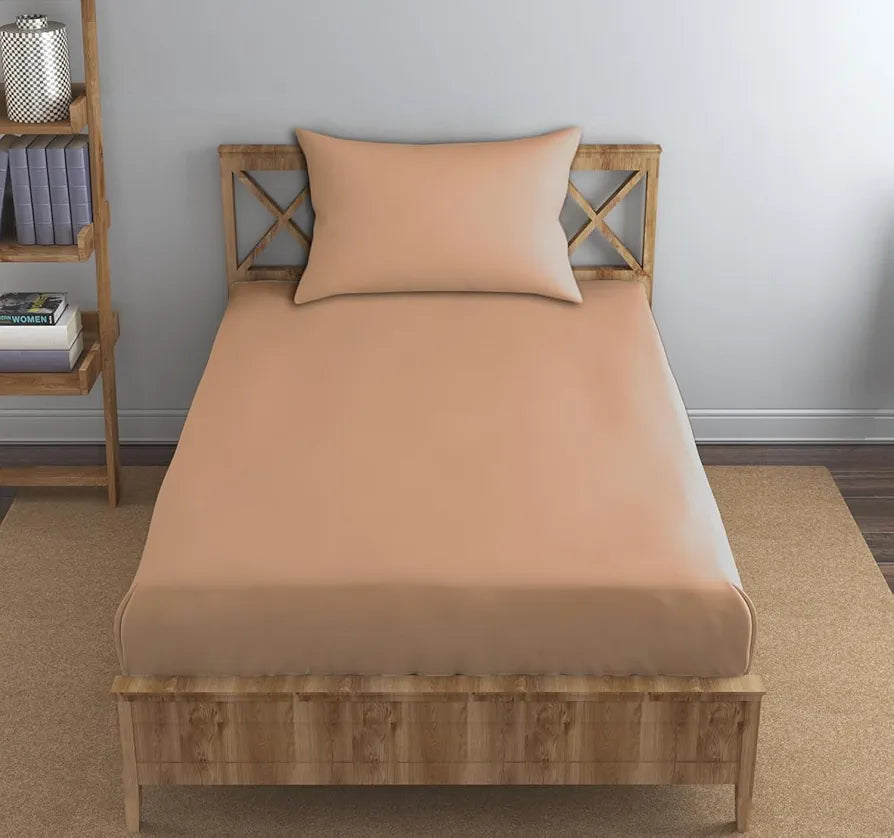 Trance Home Linen 300TC Pure 100% Cotton Single Size Solid Fitted Bedsheet with 1 Pillow Cover Colour Apricot