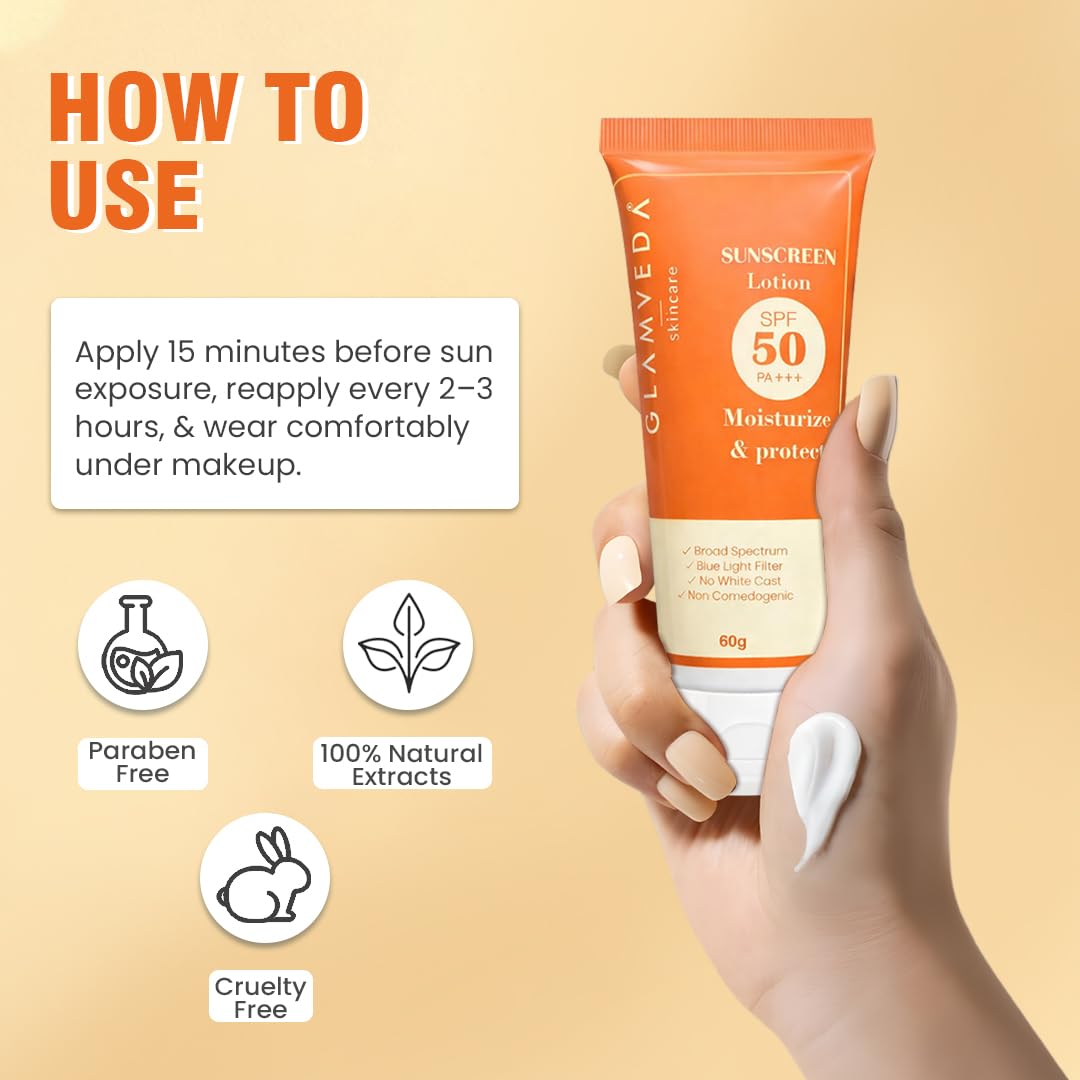 Glamveda Hybrid Sunscreen Lotion Spf 50 PA+++ for Moisturize & Protect | Transparent & Ultra-lightweight Sunscreen | Non-Greasy, Quick-Absorbing | Zero White Cast | For Women & Men | 60ml Pack of 1