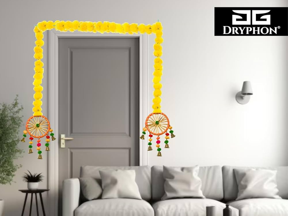 Artificial Marigold Flowers With Pom Pom Ring Bell Hanging Yellow