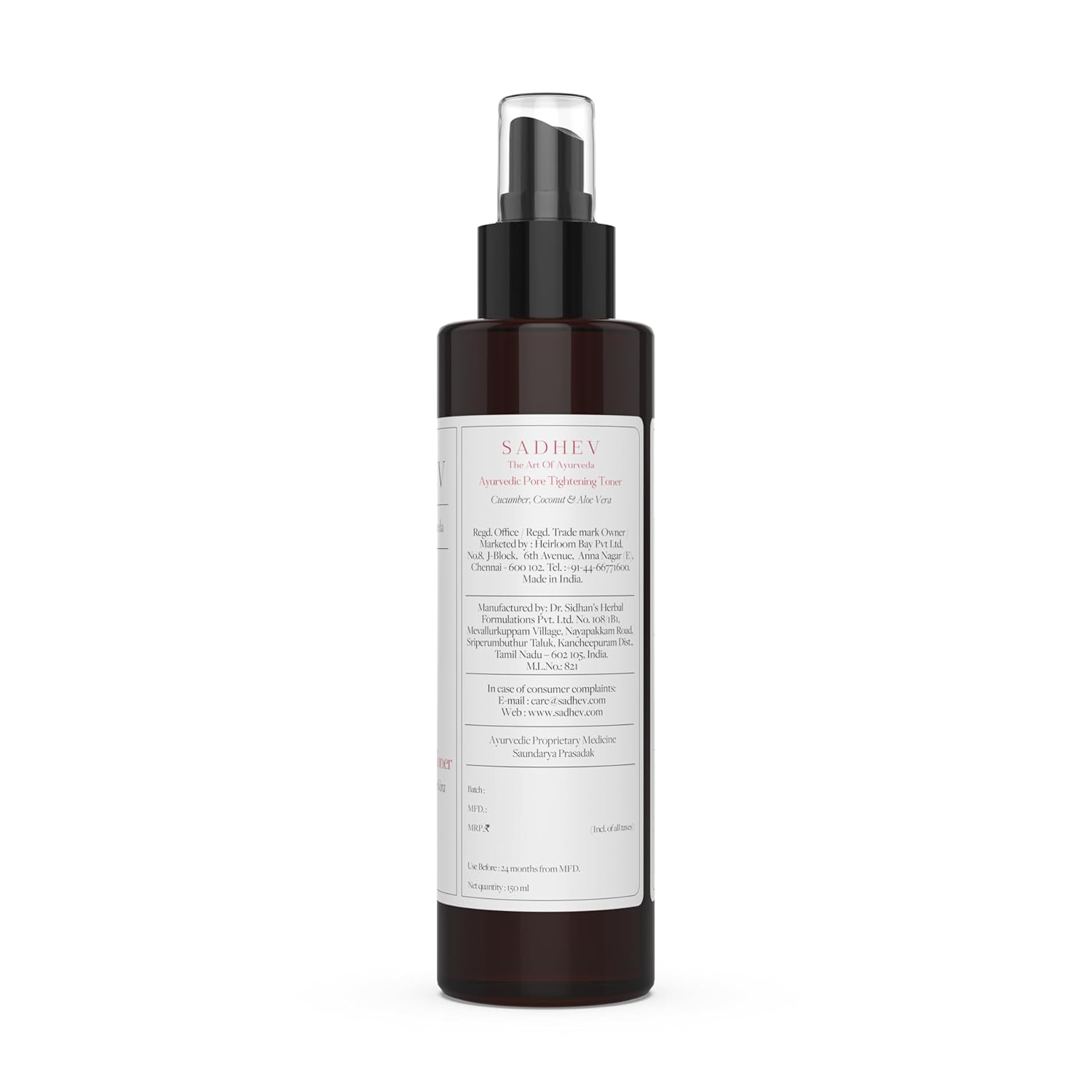 Sadhev Ayurvedic Pore Tightening Toner For Smooth, Soft Texture Skin With Cucumber, Cococut and Aloe Vera