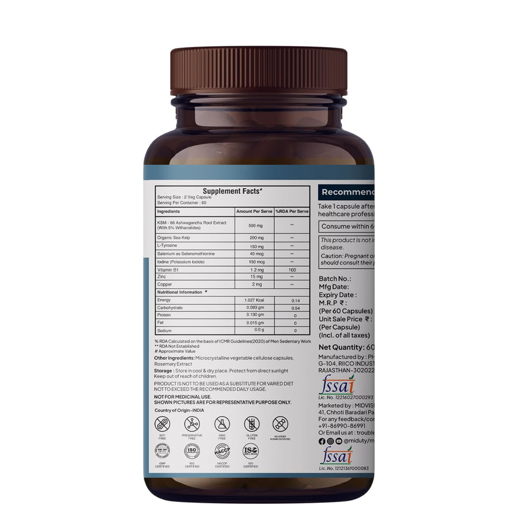 Miduty Palak Notes Triple Thyroid Care Supplement - Rapid Action Formula - KSM-66 Ashwagandha - Sea Kelp - Zinc - Vitamin B1-Selenium-L-Tyrosine - Supports Thyroid Health - Good mood - 60 Capsules