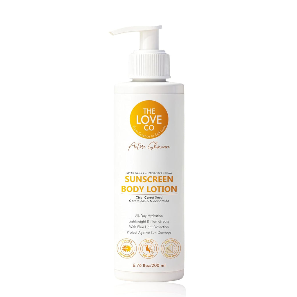 THE LOVE CO Sunscreen Body Lotion SPF 50 PA++++ for Women & Men 200ml | Broad Spectrum UVA UVB Protection | No White Cast, Lightweight & Non-Greasy | Niacinamide, Carrot seed , Cica & Ceramide | Face & Body, All Skin Types