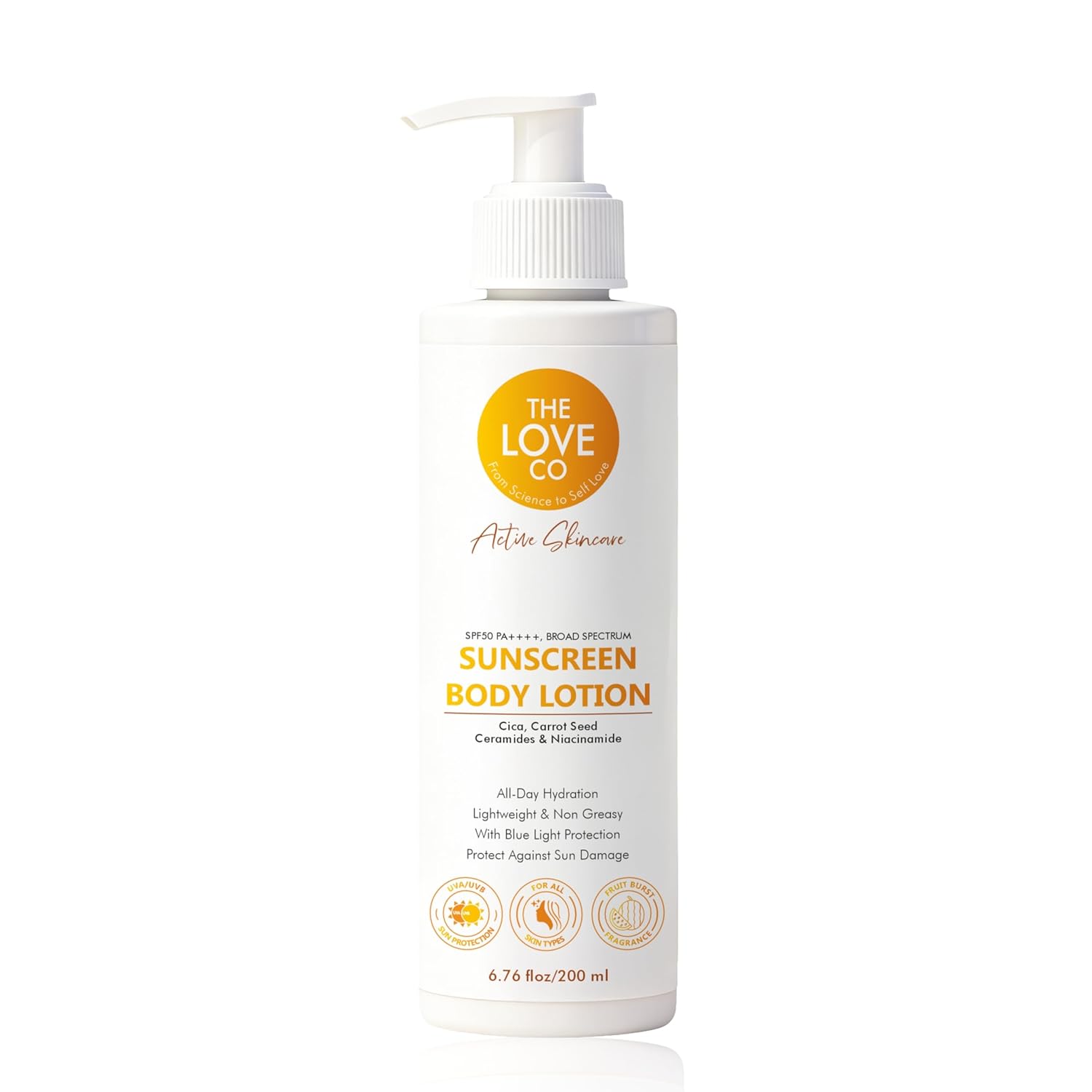 THE LOVE CO Sunscreen Body Lotion SPF 50 PA++++ for Women & Men 200ml | Broad Spectrum UVA UVB Protection | No White Cast, Lightweight & Non-Greasy | Niacinamide, Carrot seed , Cica & Ceramide | Face & Body, All Skin Types