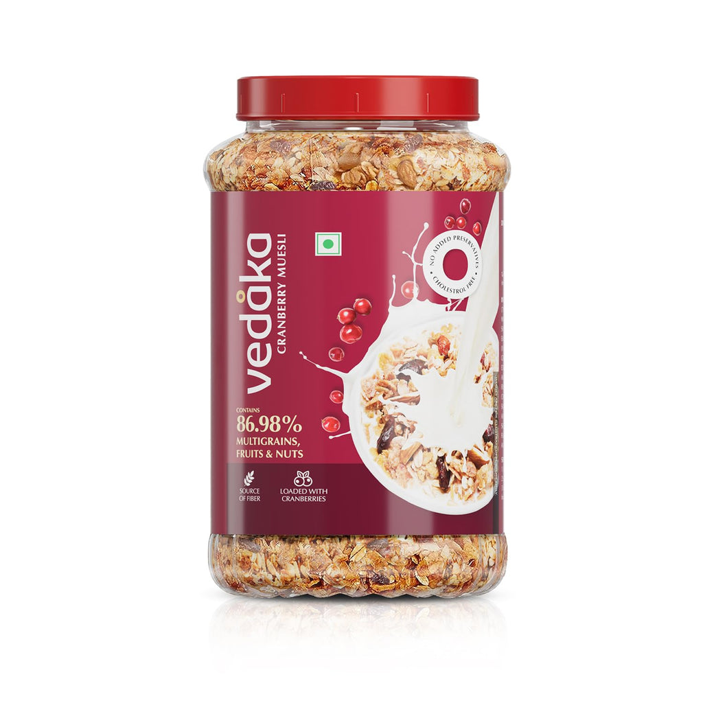 Vedaka Cranberry Muesli | 1 Kg | Jar | Contains 86.98% Dry Fruits, Nuts and Multigrains | Loaded with Cranberries | Source of Fiber | No Added Preservatives | Breakfast Cereal