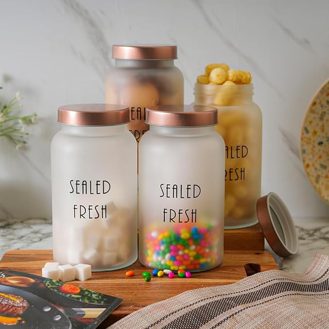 Femora Kitchen Storage Jars Frosted Glass Jar With Steel Lid Air Tight Jar | 1500 Ml | Pack of 1 | Golden Lid