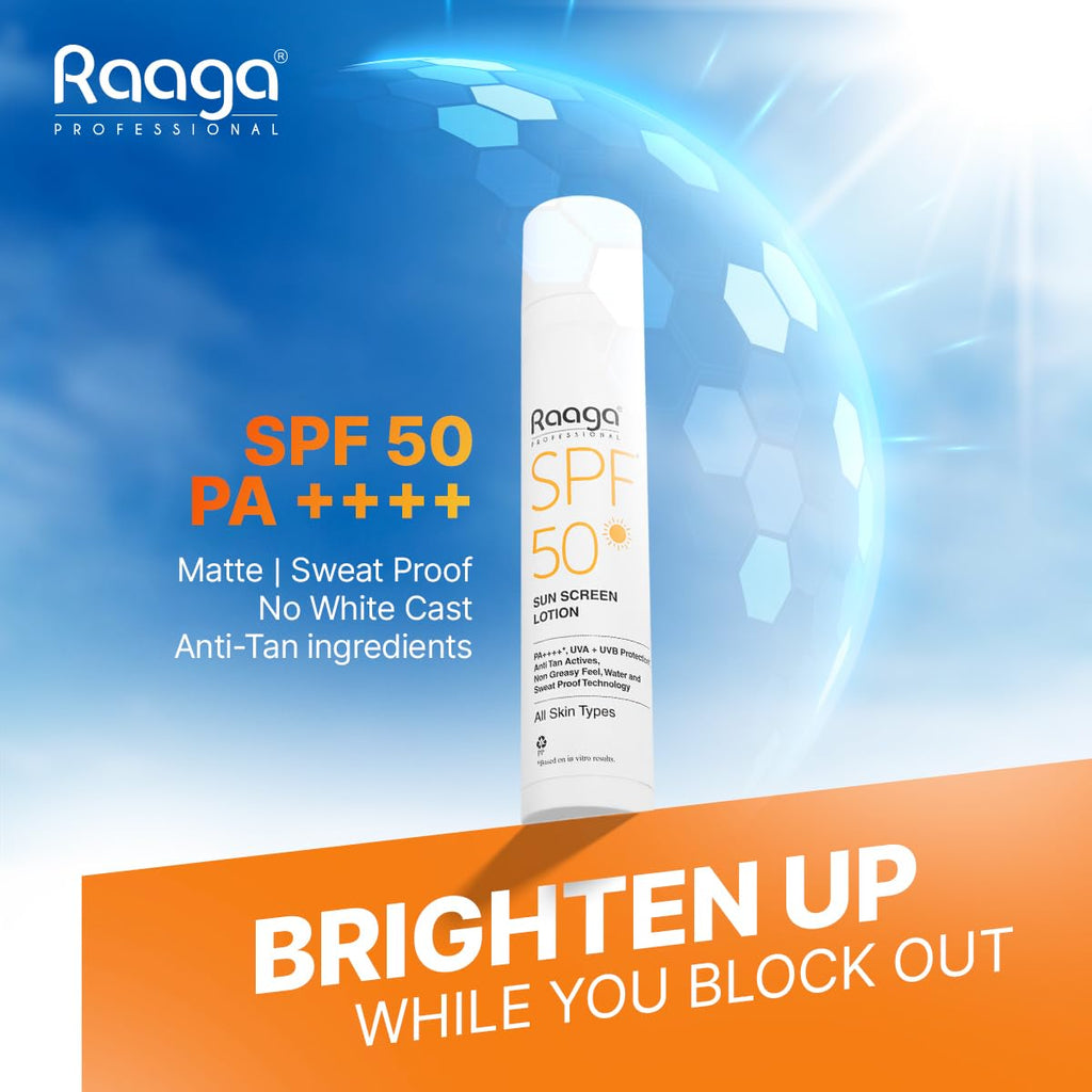 Raaga Professional SPF 50 Sunscreen Lotion | PA++++, UVA + UVB Protection,All Skin, Anti Tan Activities, Non-Greasy Feel, Water and Sweat Proof Technology (55 ml)
