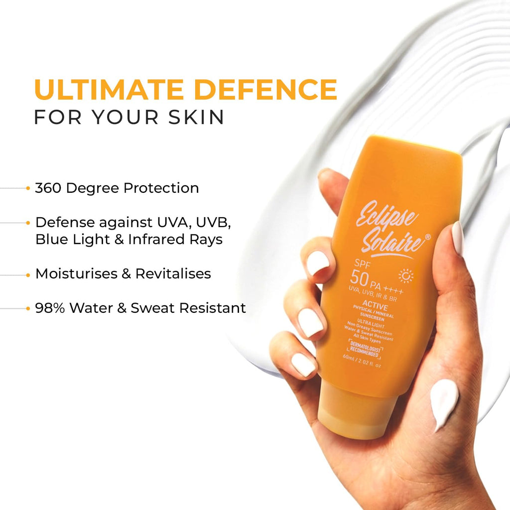 Eclipse Solaire Active Physical / Mineral Sunscreen SPF50 PA++++ | Clinically Tested | No White Cast | Broad Spectrum UVA/UVB & Blue Light Shield | Non-Greasy Sunscreen SPF 50 For All Skin Types â€“ 60ml.