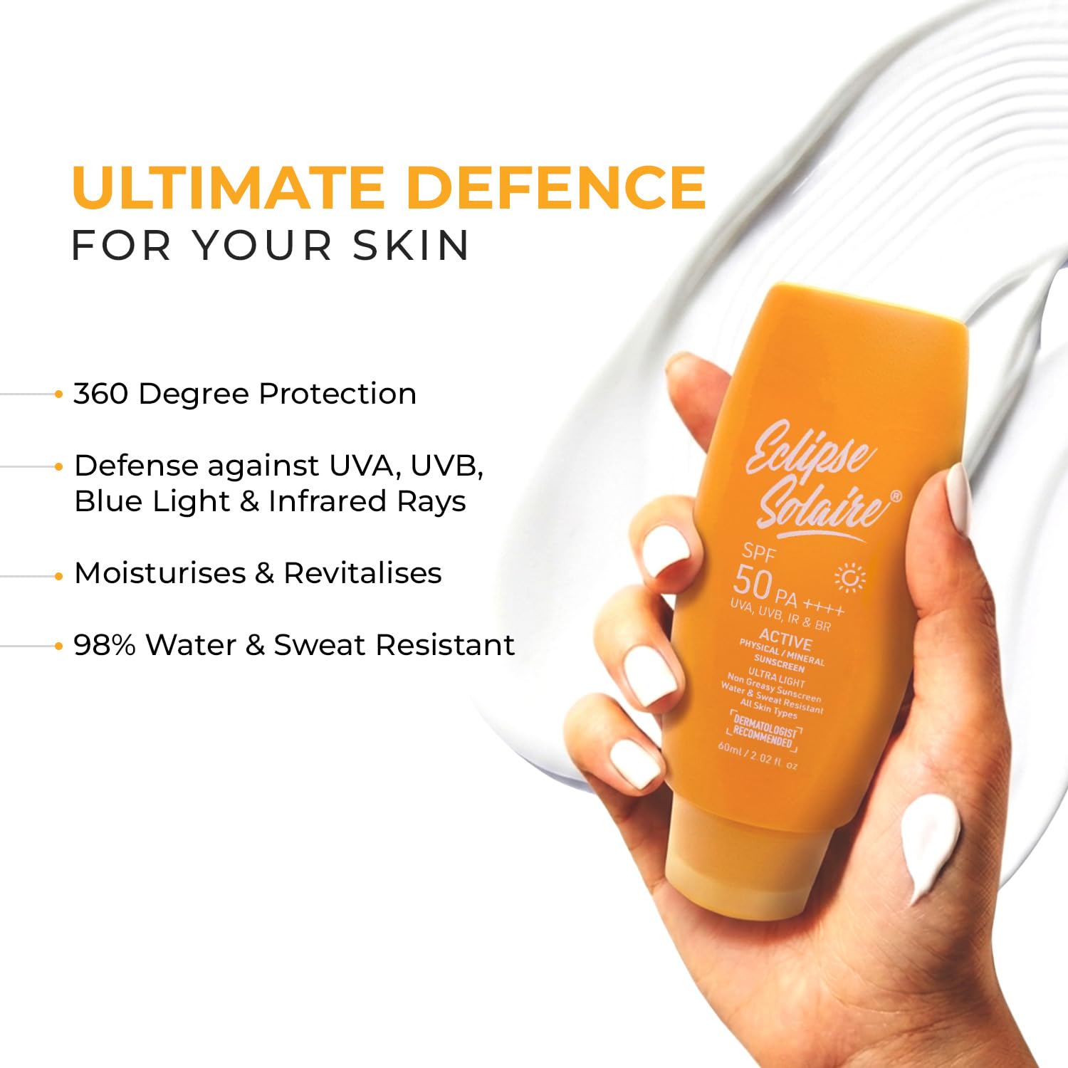 Eclipse Solaire Active Physical / Mineral Sunscreen SPF50 PA++++ | Clinically Tested | No White Cast | Broad Spectrum UVA/UVB & Blue Light Shield | Non-Greasy Sunscreen SPF 50 For All Skin Types â€“ 60ml.