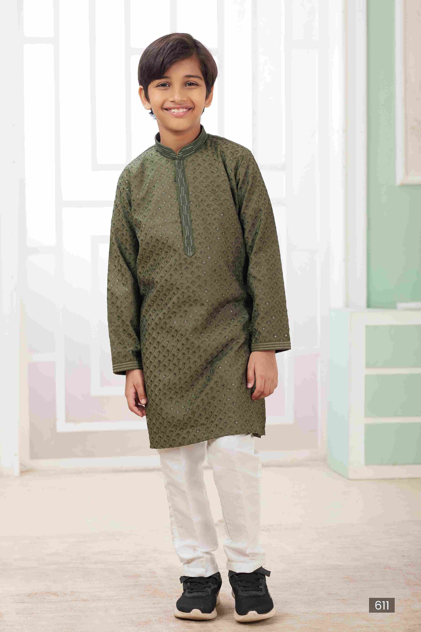 Raivat Ethnic Art Silk Embroidery Work Kids Kurta Pajama In Green Colour