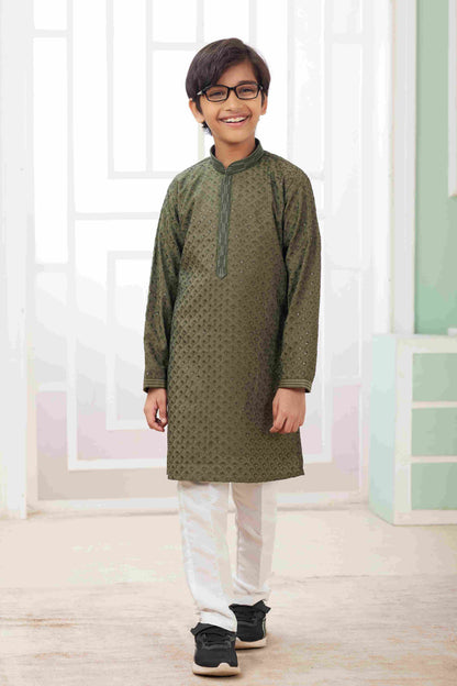 Raivat Ethnic Art Silk Embroidery Work Kids Kurta Pajama In Green Colour