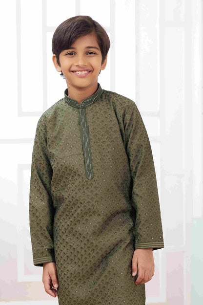 Raivat Ethnic Art Silk Embroidery Work Kids Kurta Pajama In Green Colour