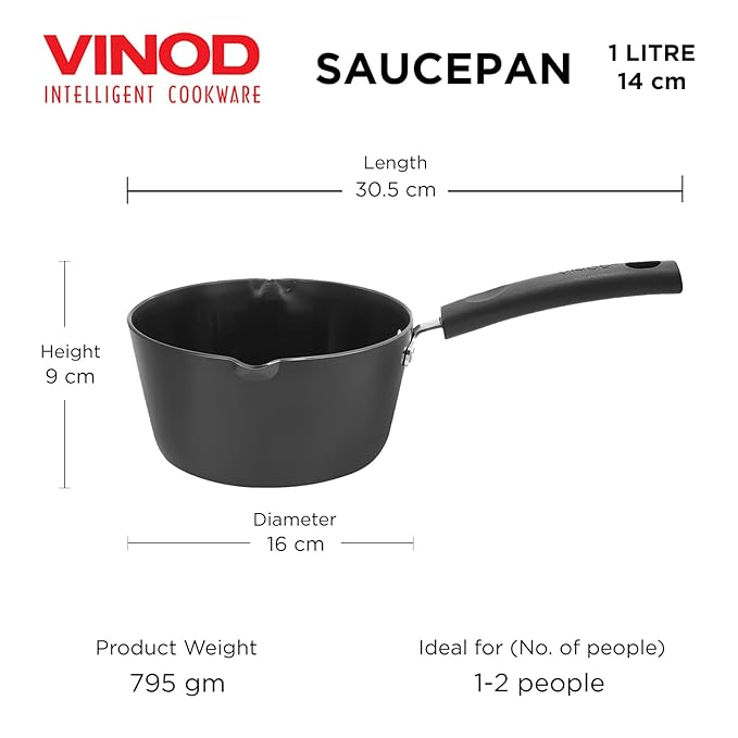 Vinod Black Pearl Hard Anodised American Non Stick Saucepan - 1 litre, 14cm | 3.25mm Thickness | Metal Spoon Friendly | Easy to Pour
