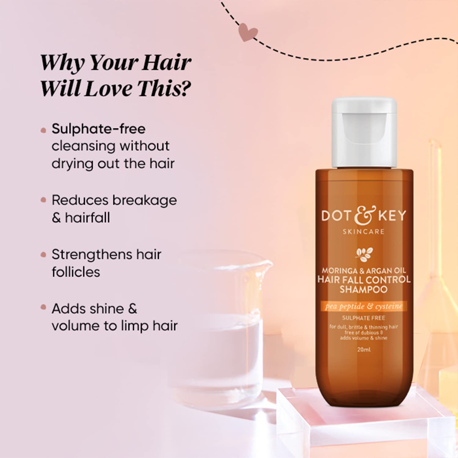 Dot & Key Moringa & Argan Hair Fall Control Shampoo With Pea Peptide & Cysteine | Sulphate Free, Paraben Free | For Dull & Thinning Hair | 200ml