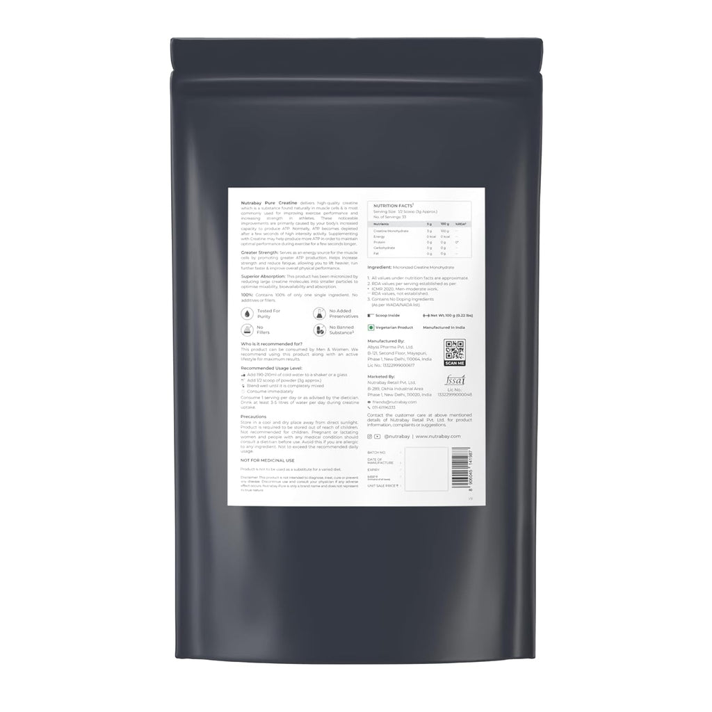 Nutrabay Pure Micronised Creatine Monohydrate Powder 3000 mg/Serving â€“ Pre/Post Workout Supplement for Muscle Gain & Recovery |33 Servings â€“ 100g, Unflavoured | Trustified Certified | 100% Authentic