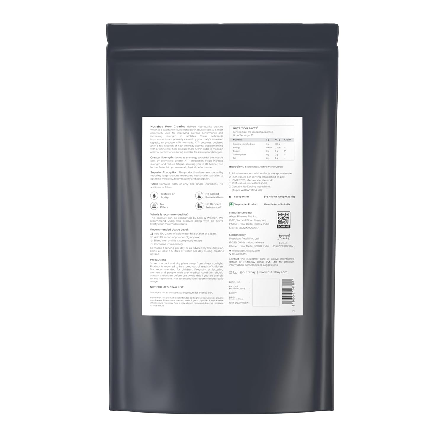 Nutrabay Pure Micronised Creatine Monohydrate Powder 3000 mg/Serving â€“ Pre/Post Workout Supplement for Muscle Gain & Recovery |33 Servings â€“ 100g, Unflavoured | Trustified Certified | 100% Authentic