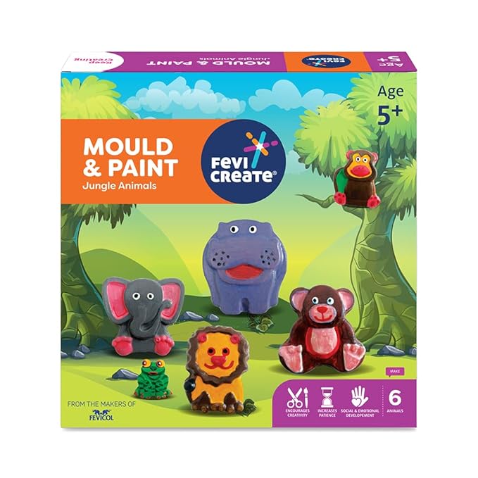 Fevicreate Diy Mould and Paint Jungle Animals Craft Kit Kids Diy Craft 5 Years Diy Craft and Paint Kit