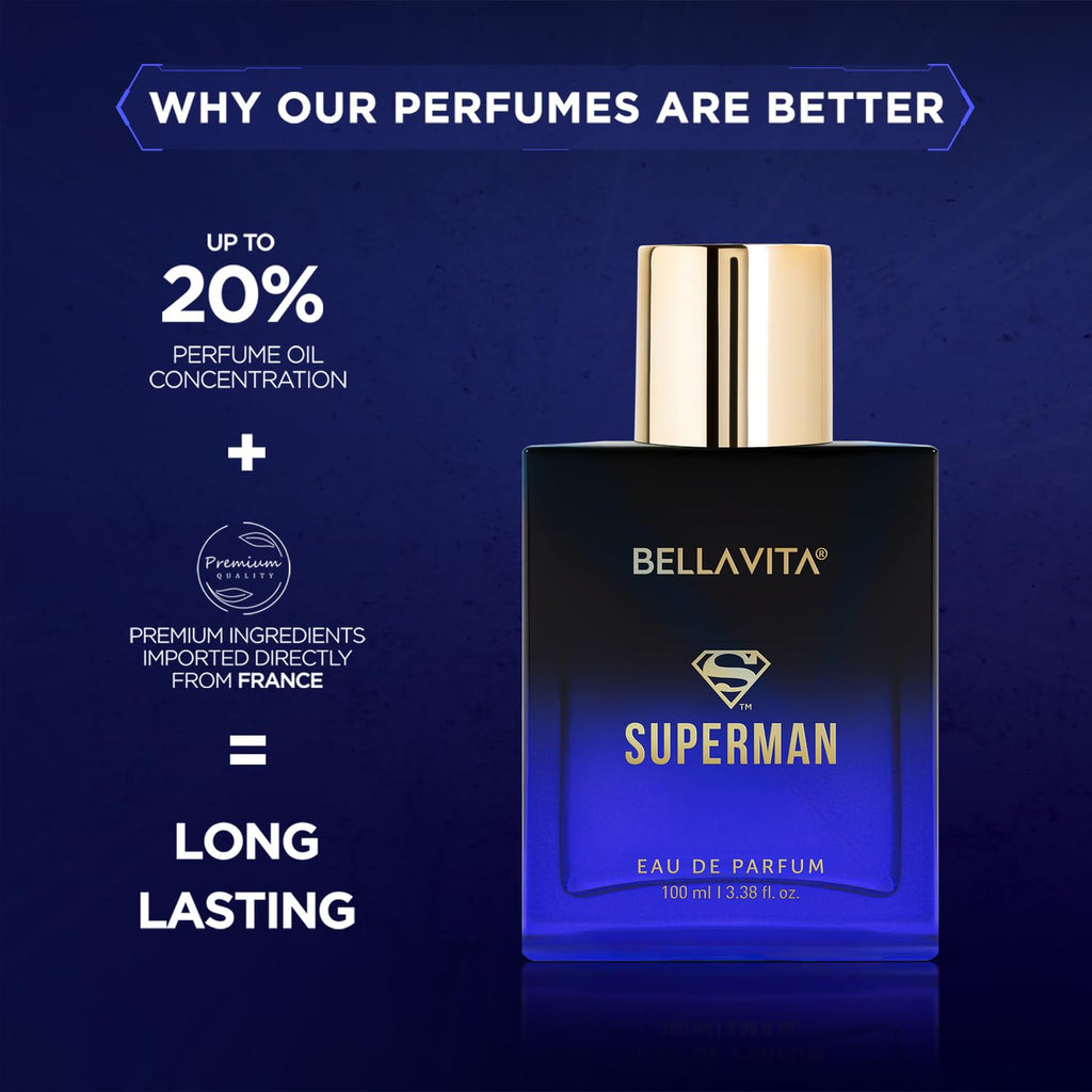 BELLAVITA SUPERMAN | Long Lasting EDP 100ml Perfume for Man | Bergamot, Jasmine and Musk | Premium Fragrance for Men