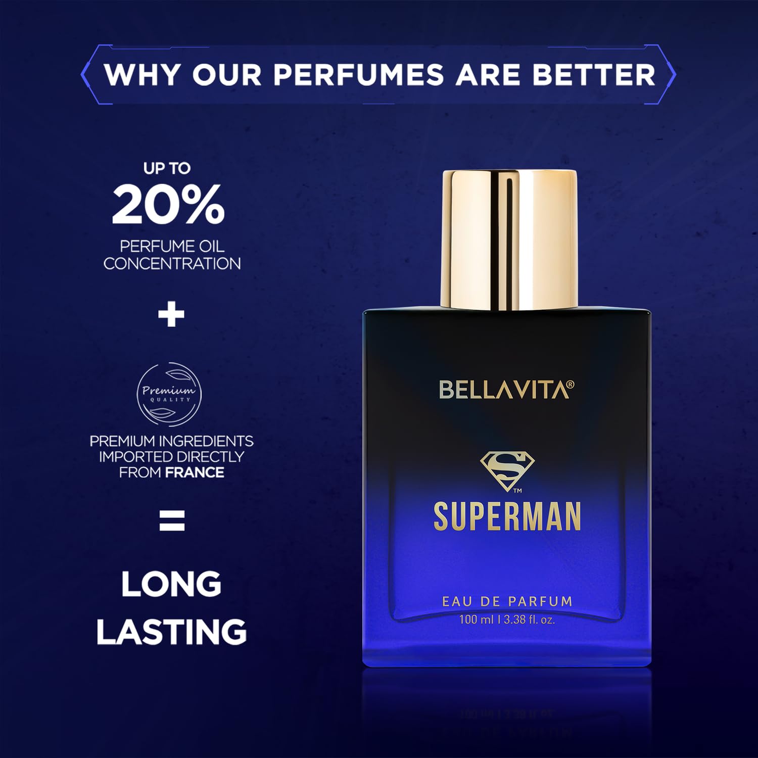 BELLAVITA SUPERMAN | Long Lasting EDP 100ml Perfume for Man | Bergamot, Jasmine and Musk | Premium Fragrance for Men