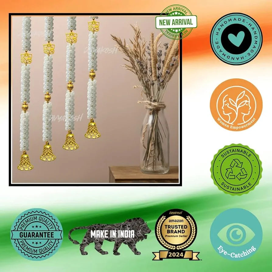 Fabric White Mogra Flower Ganeshji and Bells Wall Hanging Pack of 4 Strings Artificial Flower Latkan 3.5 Feet
