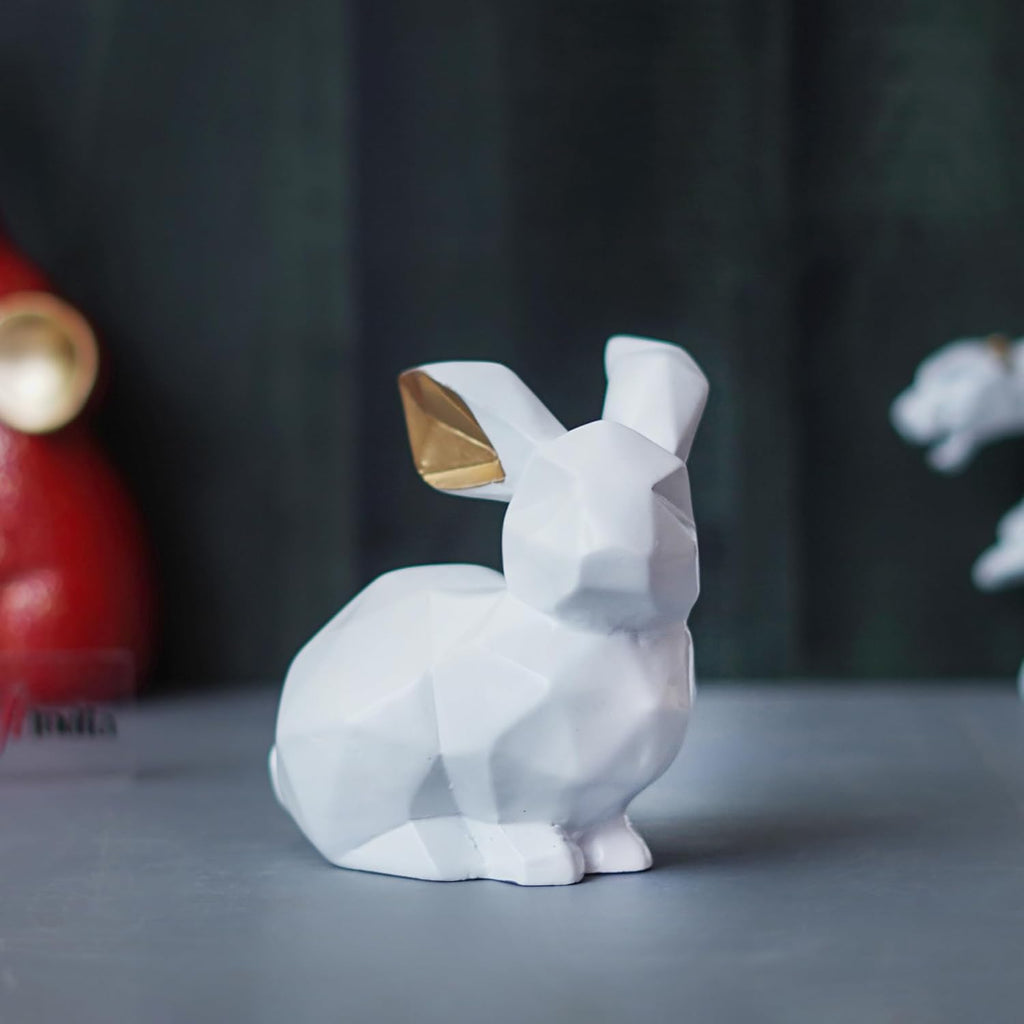 Ecraftindia Geometric Polyresin White Rabbit Statue Animal Figurine Decorative Showpiece for Home