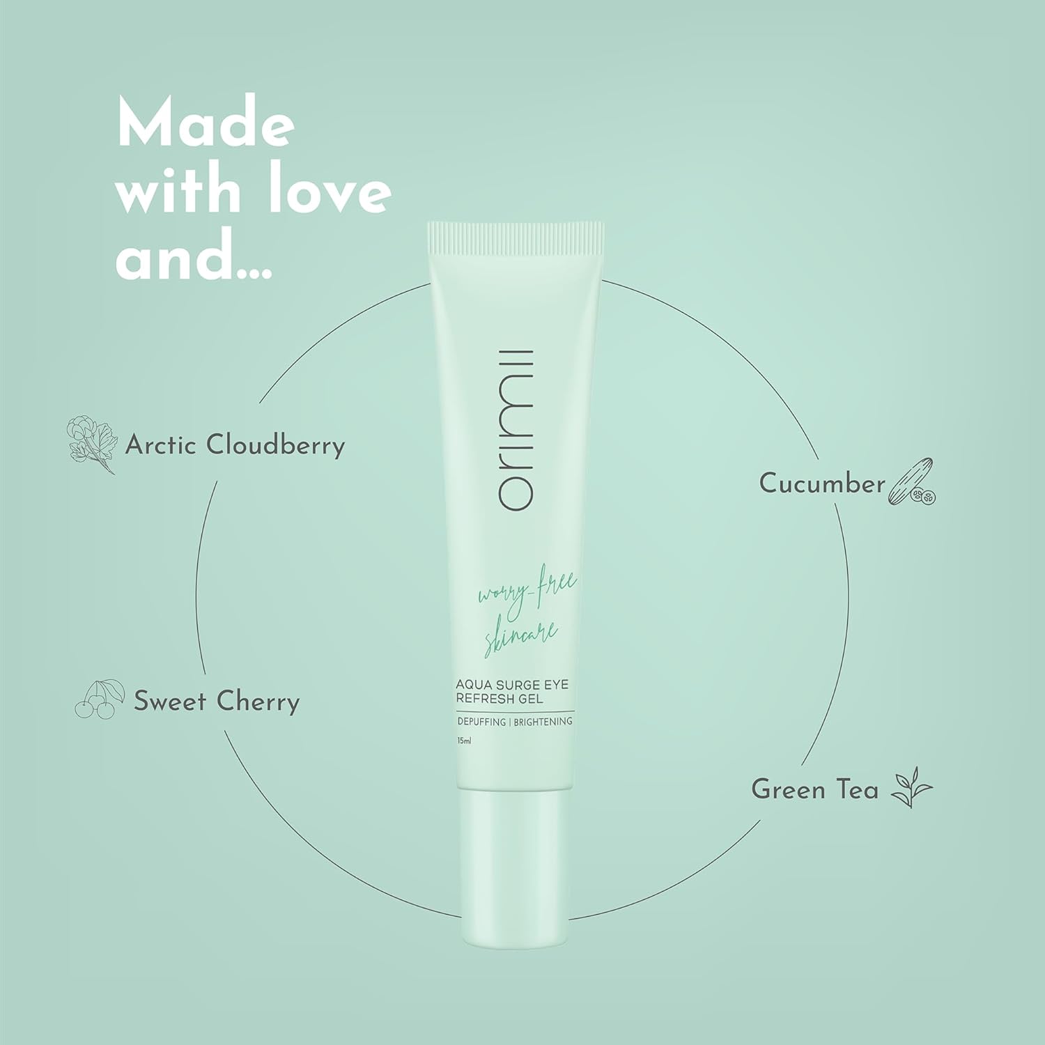 Orimii Under Eye Cream for Dark Circles | Enriched with Arctic Cloudberry (Natural Vitamin C) For Skin Brightening; Cucumber & Green Tea For Puffiness & Wrinkles Reduction - Gel Based, Fragrance Free Cream (15ml)