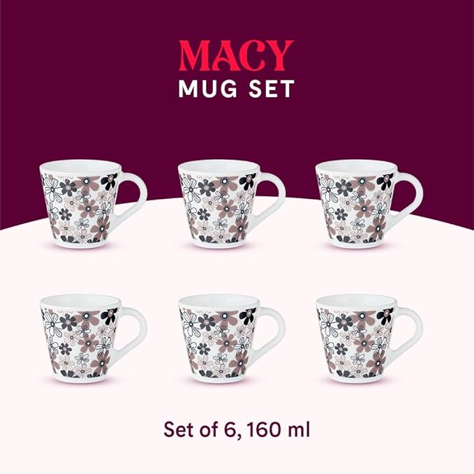 Larah by Borosil Novelty Series Macy Opalware Mug, Set of 6 Tea/coffee Mugs | 160 Ml Each