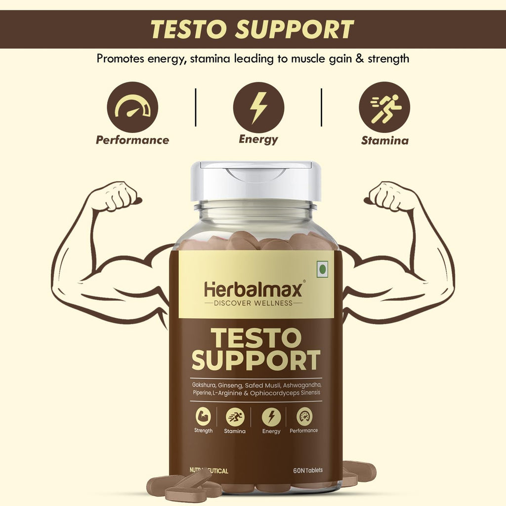 Herbalmax Testo Support Testosterone Supplement | With Gokshura, Safed Musli, L-Arginine & Ashwagandha | Natural Testosterone Booster for Strength, Stamina, Performance & Energy â€“ 60 Tablets