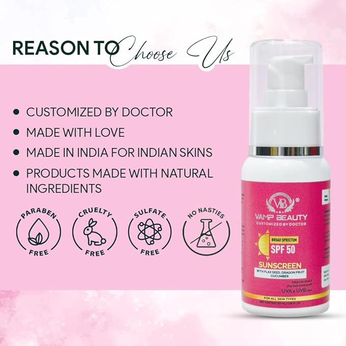 Vamp Beauty Broad Spectrum Sunscreen Spf 50 With Goodness of Flax Seeds - 50 Ml