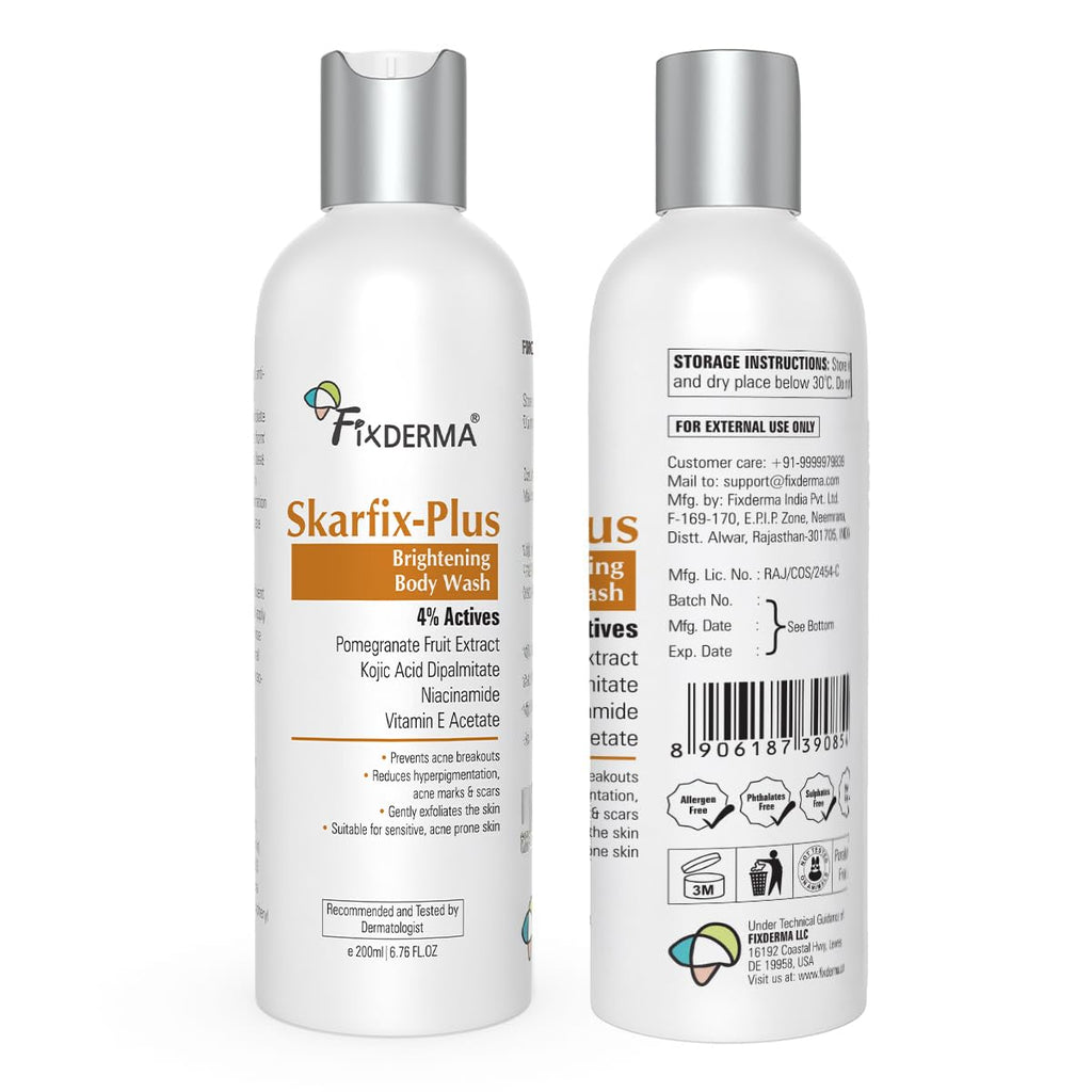 Fixderma Skarfix Plus Brightening Body Wash with 4% Actives (Kojic Acid, Niacinamide Acid, & Vitamin E) | Skin Brightening Body Wash Shower Gel Women & Men | For Hyperpigmentation & Acne Marks - 200ml