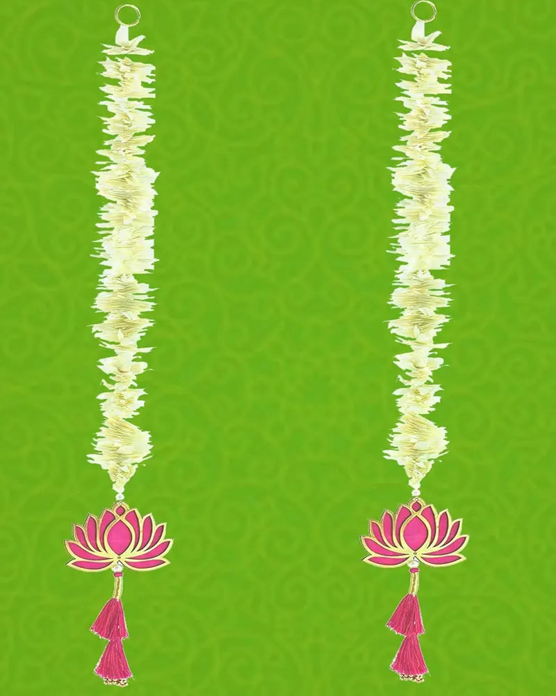 Handmade Artificial Mogra Garland with Lotus Hanging for Decoration White Flower Strings with Pink Lotus & Tassel