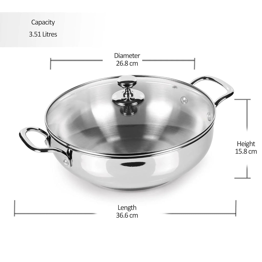 Milton ProCook Stainless Steel Sandwich Bottom Kadhai with Glass Lid