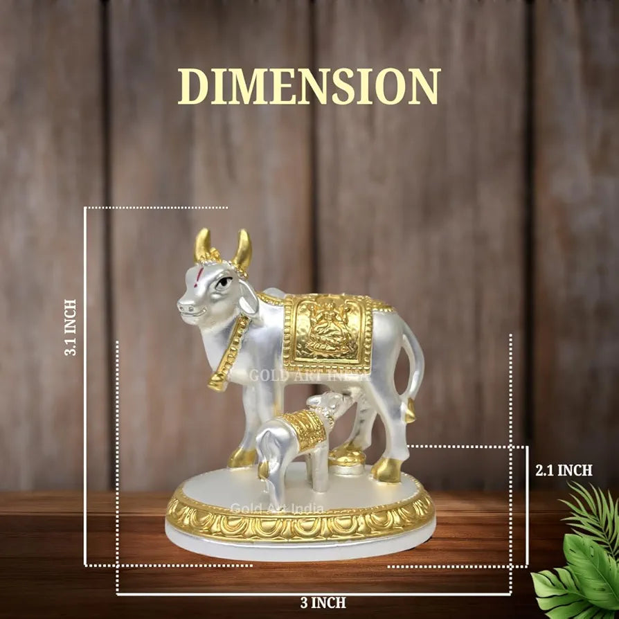 Gold Art India Kamdhenu Cow with Calf Idol Gold Silver Plated with Matte Finish 3.1 Inch