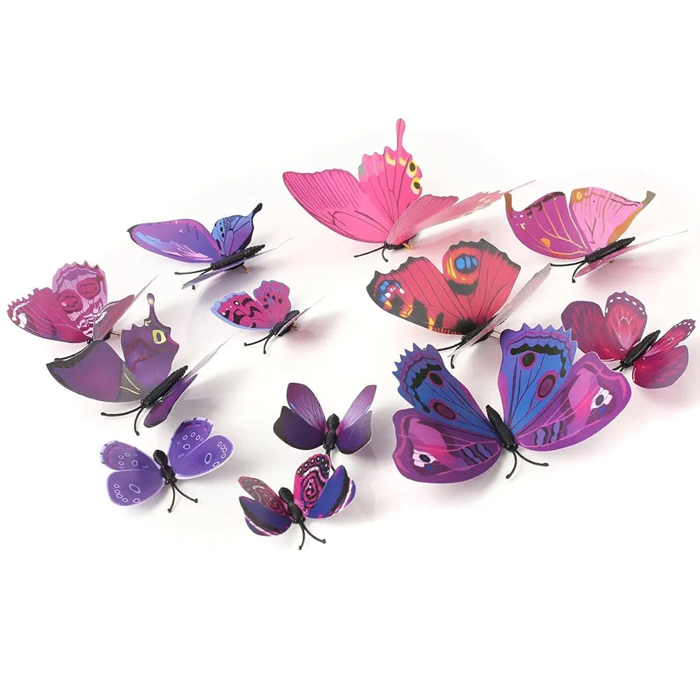 Xtore Plastic Reusable Wall 3D Butterfly Sticker with Sticking Pad Set of 12 Pieces Purple