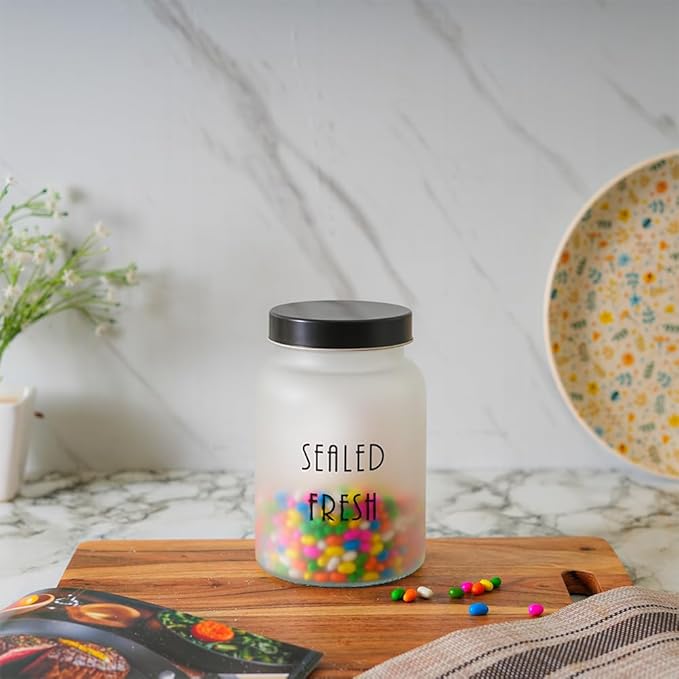 Femora Kitchen Storage Jars Frosted Glass Jar With Steel Lid Air Tight Jar | 1000 Ml | Pack of 6 | Black Lid
