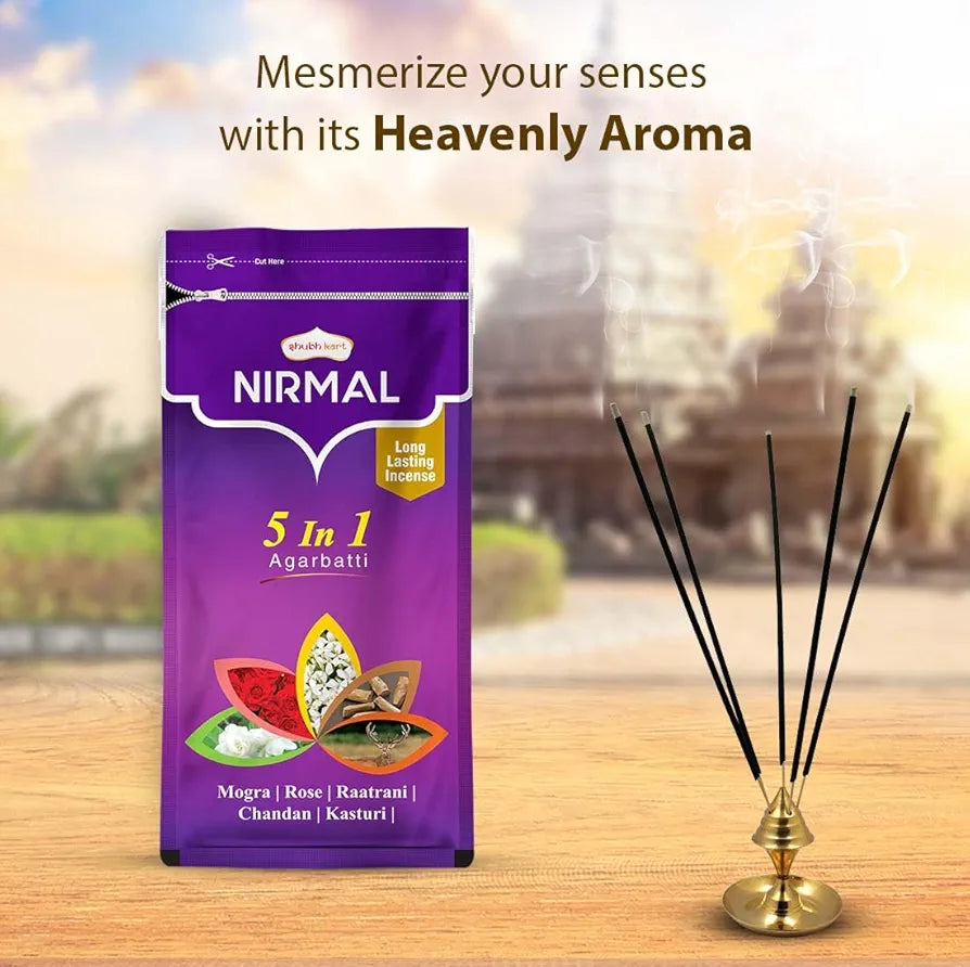Shubhkart Nirmal 5 in 1 Agarbatti Pack 150g Long Incense Sticks Charcoal Free Natural Fragrance Zipper Pack