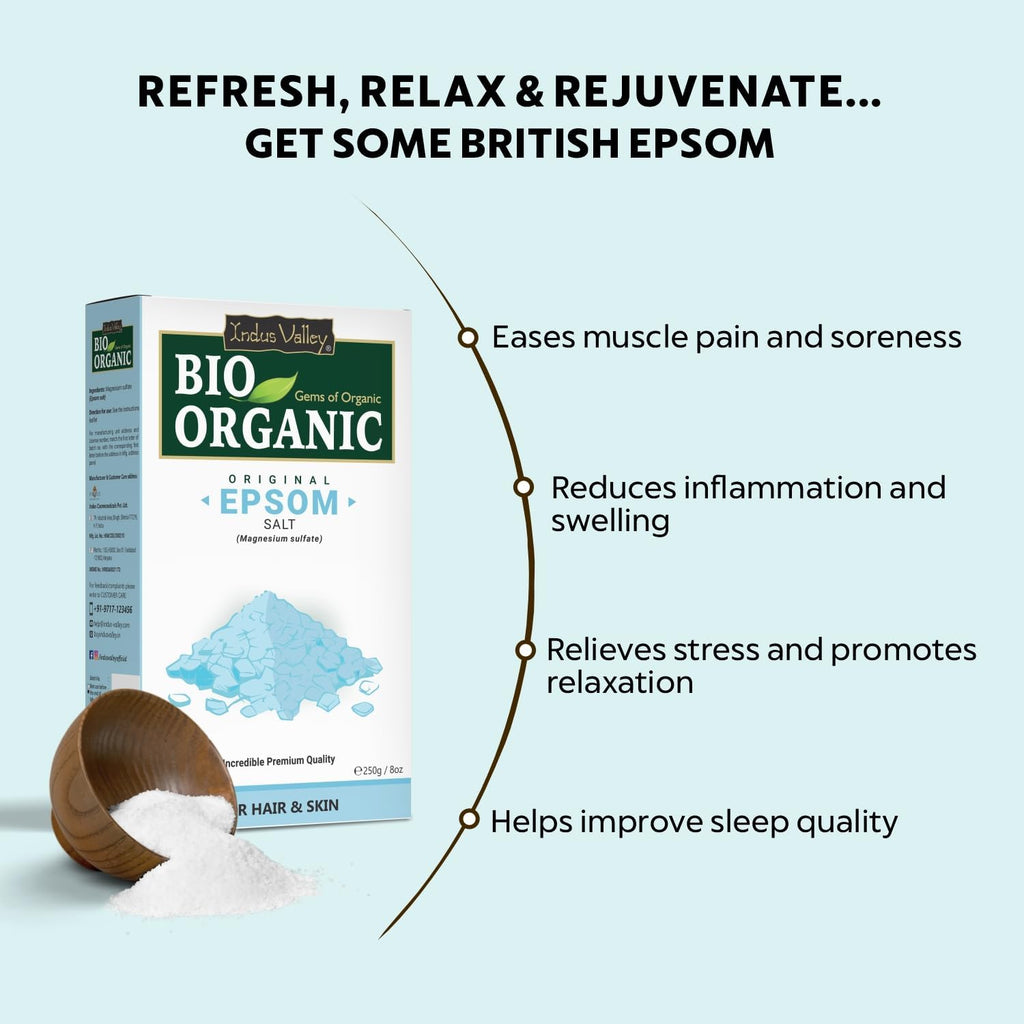INDUS VALLEY Bio Organic 100% Natural Epsom Bath Salt Crystal And Bath | For Muscle Relief, Relieves Aches & Pain| 250g | Magnesium Sulfate for Relaxing Bath, Foot Soaks & Plant Care