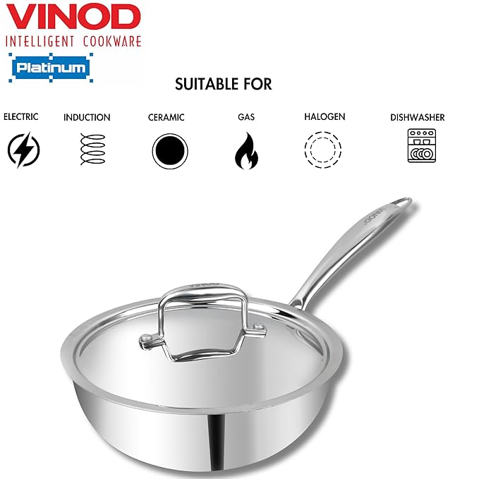 Vinod Platinum Triply Stainless Steel Frypan - 22cm | Deep Skillet Pan with Lid | Rivetted Study Handle | Induction & Gas Base