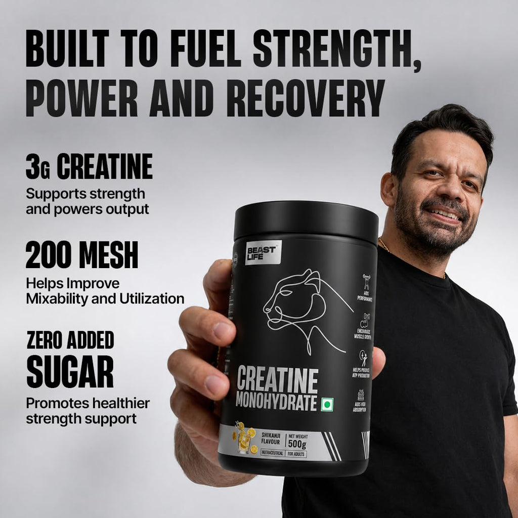 BEASTLIFE Super Micronized Creatine Monohydrate Powder 500g | 135 Servings Shikanji Flavor | NABL Lab Tested | Premium Sports Nutrition for Strength & Performance