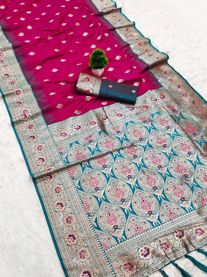 Mameraa Sarees Pink Soft Banarasi Silk Saree With Zari Weaving Meenakari Design-Pink