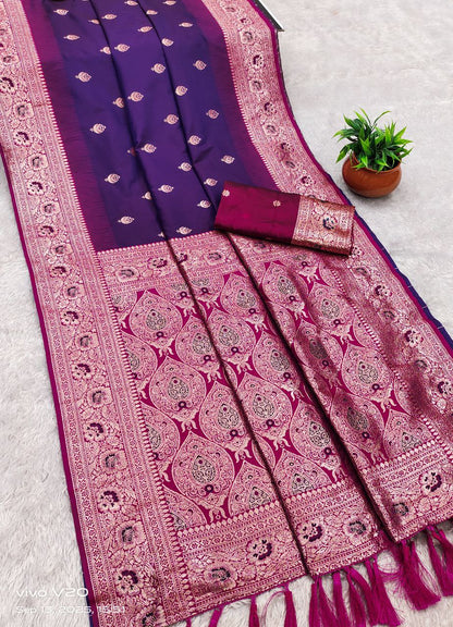 Mameraa Sarees Violet Soft Banarasi Silk Saree With Zari Weaving Meenakari Design-Violet