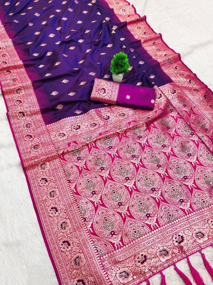 Mameraa Sarees Violet Soft Banarasi Silk Saree With Zari Weaving Meenakari Design-Violet