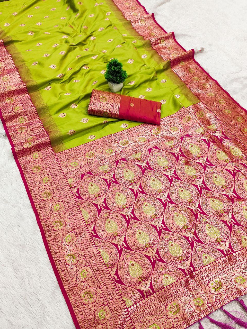 Mameraa Sarees Parrot Green Soft Banarasi Silk Saree With Zari Weaving Meenakari Design-Parrot_Green