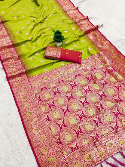 Mameraa Sarees Parrot Green Soft Banarasi Silk Saree With Zari Weaving Meenakari Design-Parrot_Green