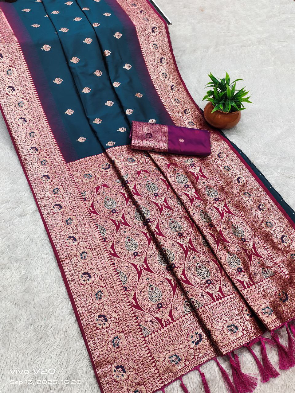 Mameraa Sarees Teal Blue Soft Banarasi Silk Saree With Zari Weaving Meenakari Design-Teal